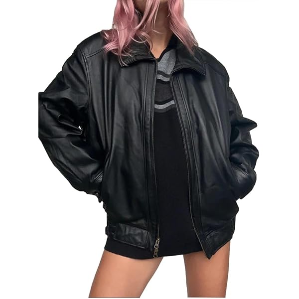Women's Fashion 90s Leather Jacket Oversized Leather Bomber Jacket